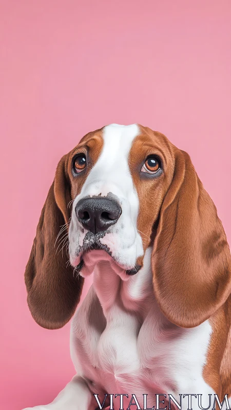 Basset hound portrait against uniform pink studio backdrop.