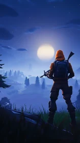 Lone hooded shooter surveys moonlit forest battlefield valley