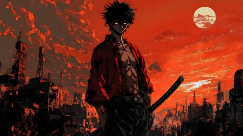 Bloodied swordsman stands over burning postwar city at dusk