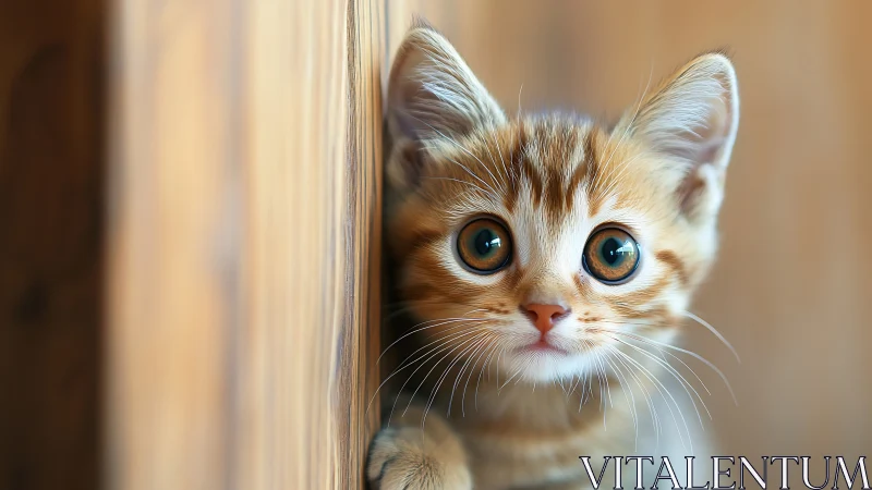 Tabby Kitten Peering Around Doorframe with Wide-Eyed Wonder.