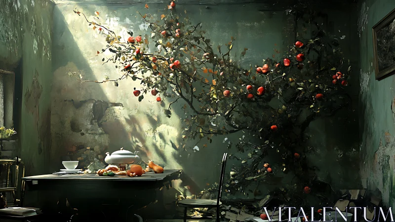 Overgrown apple tree penetrates derelict dining room wall