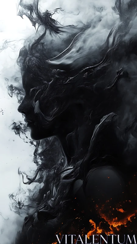 Digital painting silhouette in swirling smoke and embers.
