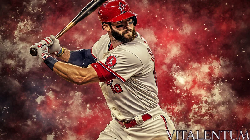 Baseball batter in mid swing against red abstract backdrop.