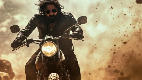 Rebel biker charges through dust storm on rugged motorcycle.