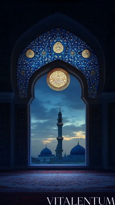 Twilight minaret framed by ornate blue mosque arch