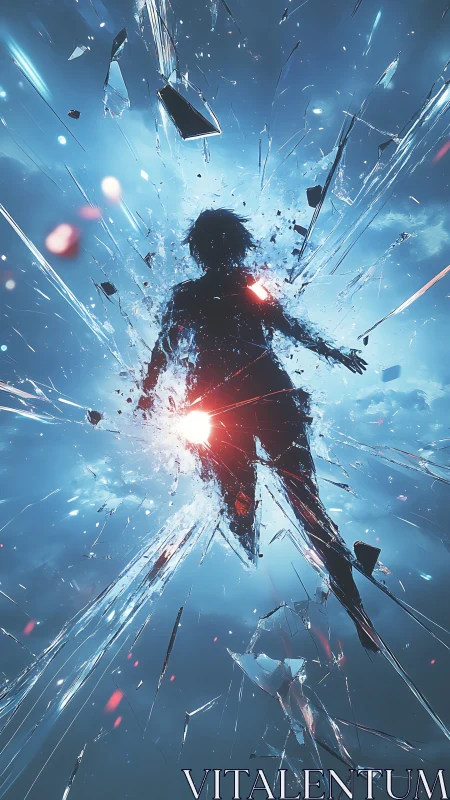 Silhouetted figure shatters through glowing cosmic glass portal.