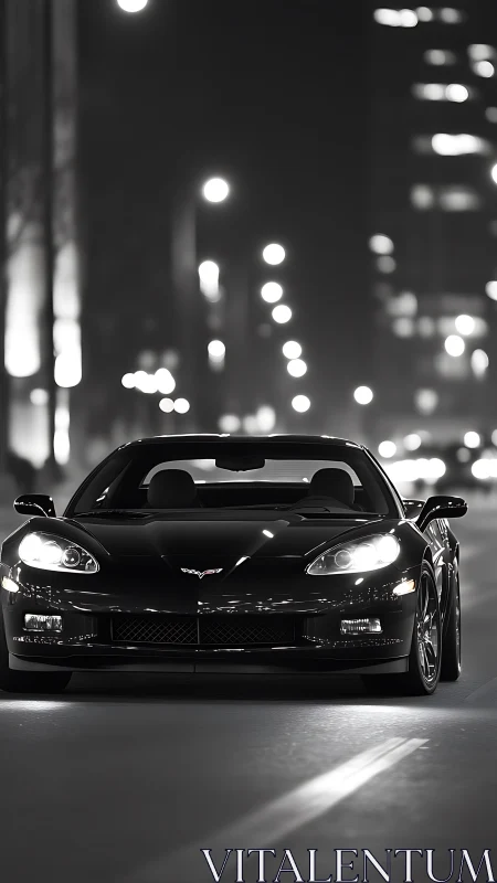 Black sports car glides through luminous night city street