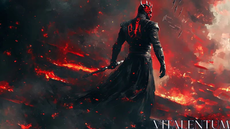 Armored warrior stands over burning volcanic battlefield.