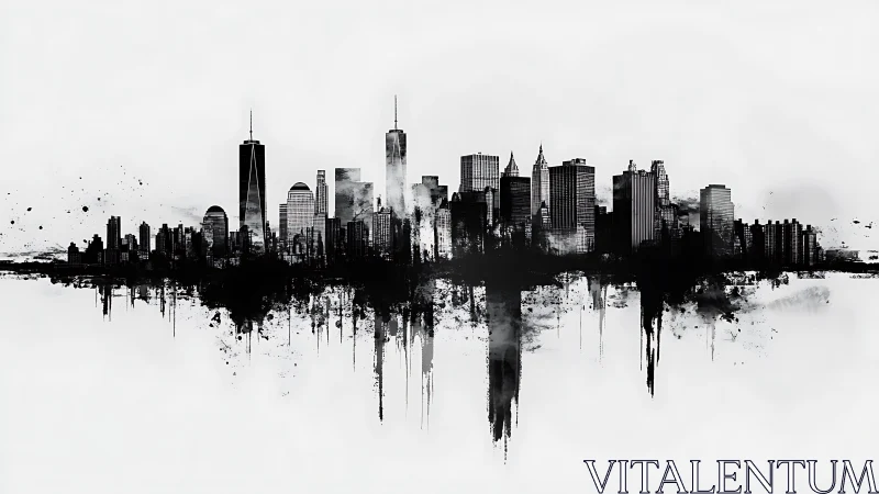Monochrome skyline dissolves into expressive ink splashes.