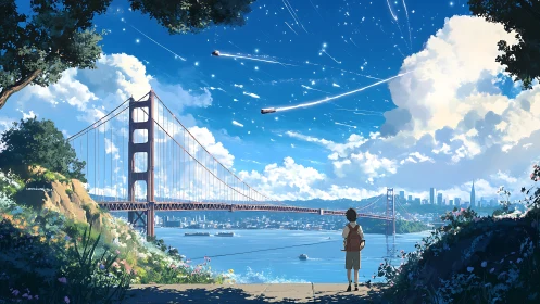 Anime cityscape frames meteor trails above Golden Gate Bridge