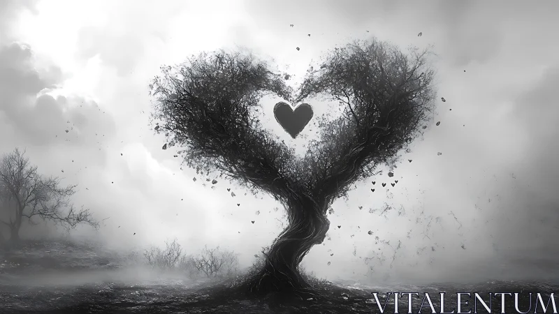 Heart-Shaped Tree Dispersing Love Particles in Fog.