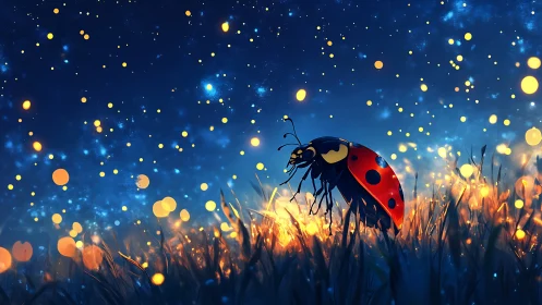 Ladybug walks through glowing grass under starry sky