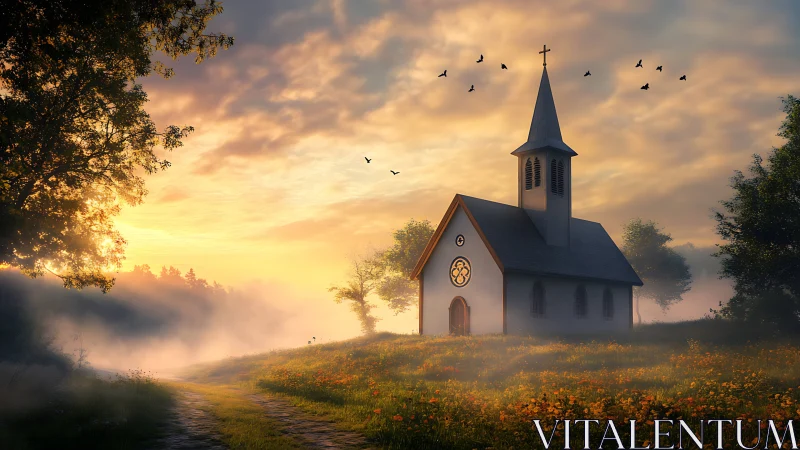 Rural church stands in misty meadow under diffuse sunrise light
