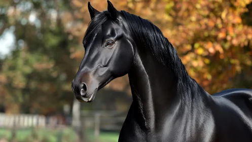 Specular black stallion portrait with autumnal bokeh field.