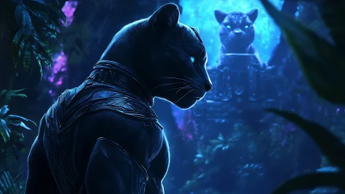 Armored Feline in Bioluminescent Environment.