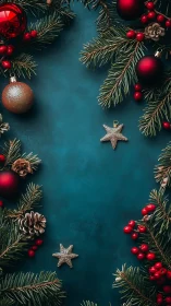 Christmas wreath border frames teal festive background.