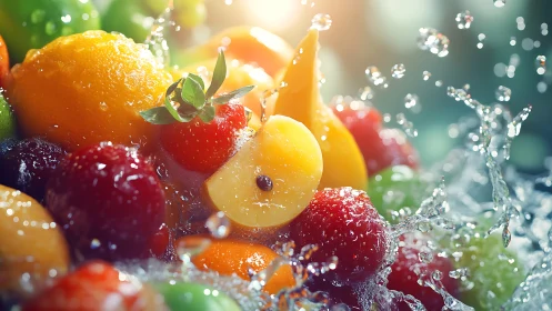 Mixed fresh fruits splashing in water with bright light.