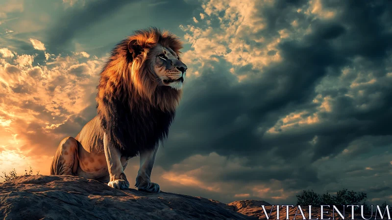 Sunset mane monarch guarding a storm-lit savanna throne.