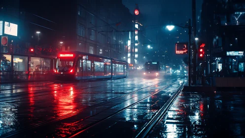 Midnight trams gliding through rain lit by city neon glow.
