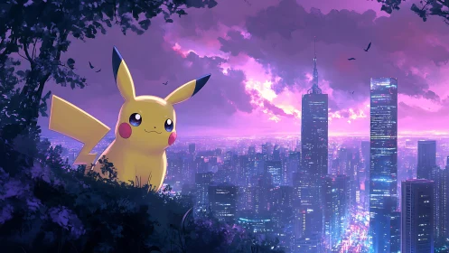 Pikachu overlooking illuminated futuristic city skyline at dusk.