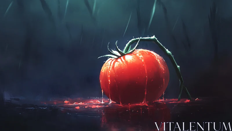 Tomato in the rain, glowing like a quiet midnight lantern.
