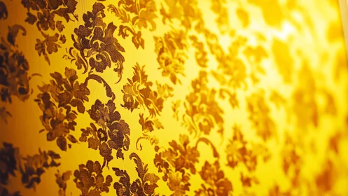 Golden floral wallpaper glowing with cozy vintage charm.
