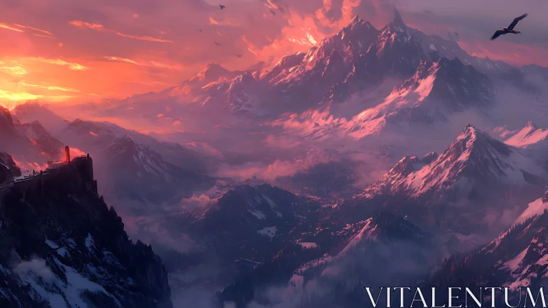 Sunlit snow-covered mountain range recedes into dense mist