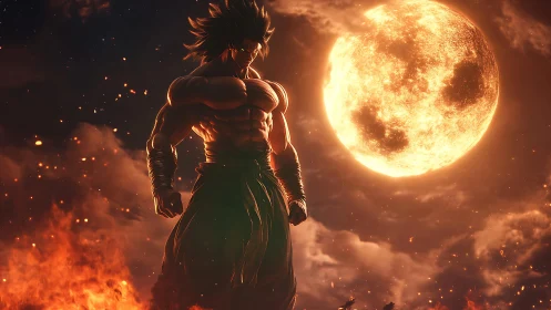 Warrior stands before burning moon in fiery night sky