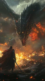 Armored figure facing large dragon over burning terrain.