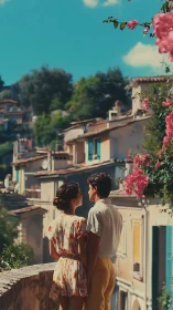 Backlit couple observes Mediterranean hillside town under clear sky