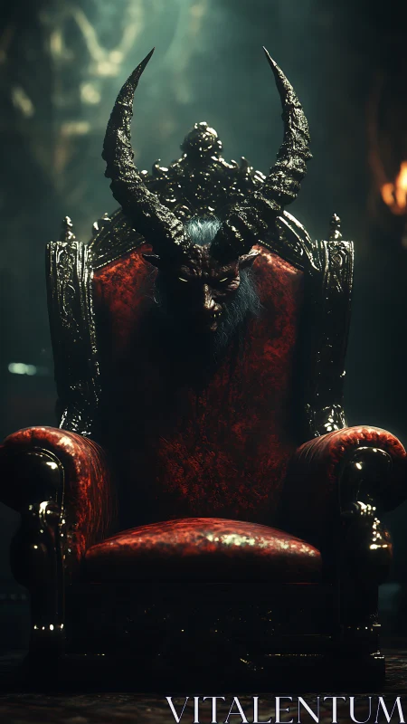 Demonic horned figure seated on ornate crimson throne.
