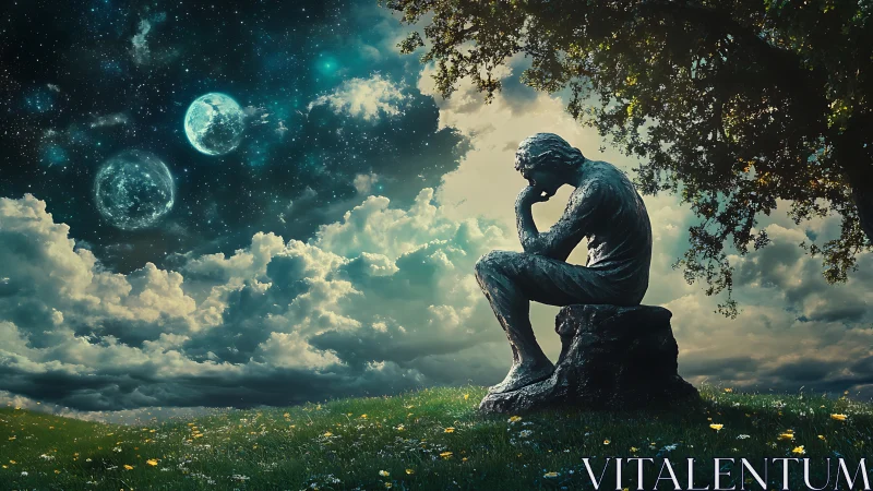 Contemplative stone figure under dual moons in surreal sky.