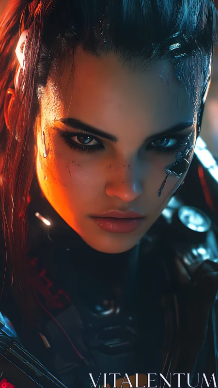 Cybernetic woman portrait in high contrast neon lighting.