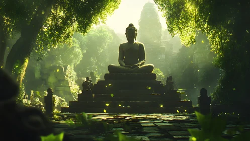 Sunlit jungle temple with serene seated Buddha statue.