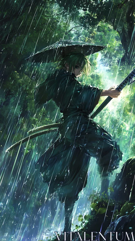 Sword-bearing figure stands in forest rain holding umbrella