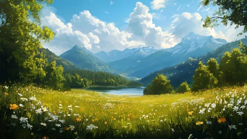 Sunlit alpine meadow opening toward distant snow peaks.