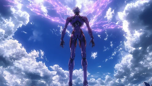 Cybernetic angel rises against stormlit sky, energy wings flare