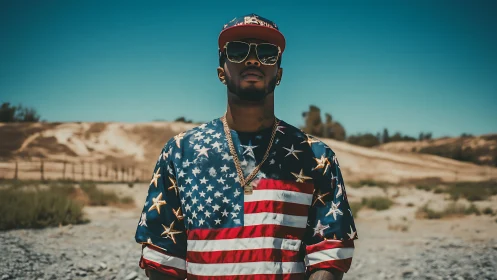 Desert swagger in star spangled streetwear under hard sun.