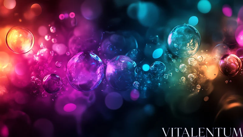 Colorful glowing bubbles floating in abstract dark space.