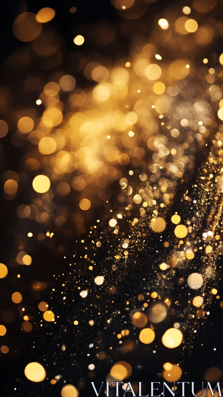 Golden bokeh particles on dark background in vertical frame.