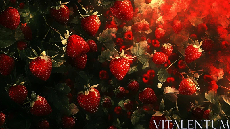 Digital rendering of ripe strawberries with dense foliage.