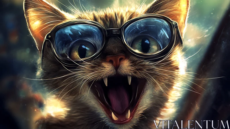 Feline portrait with eyewear and expressive features.