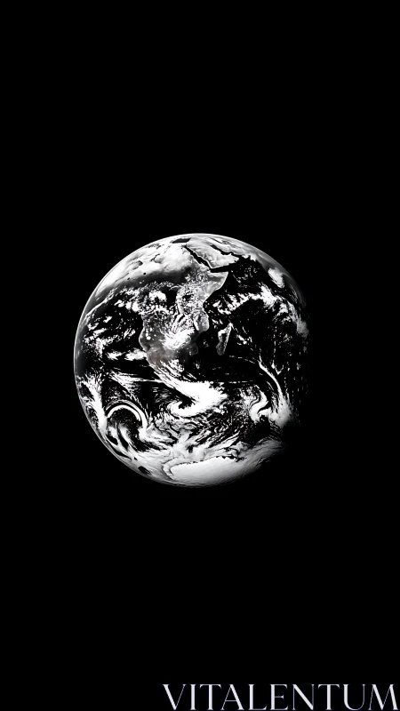 High-contrast monochrome Earth sphere isolated against deep black void