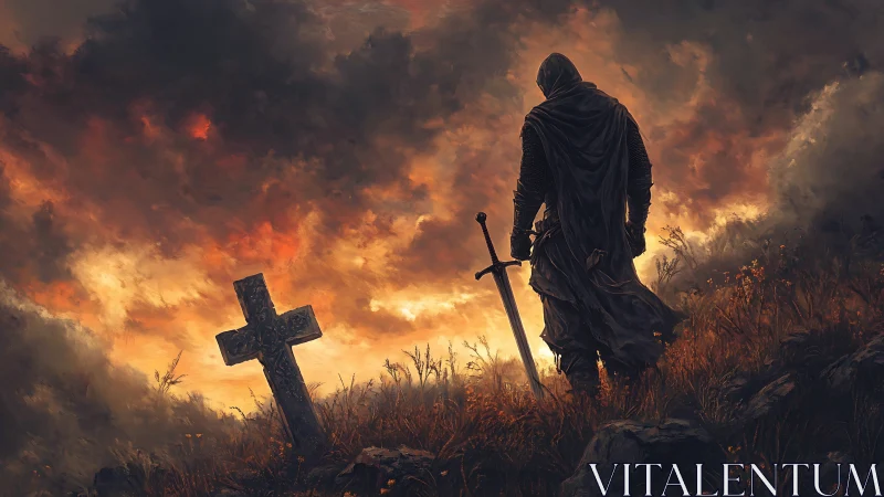 Stormlit wanderer pauses by a lonely grave of forgotten courage