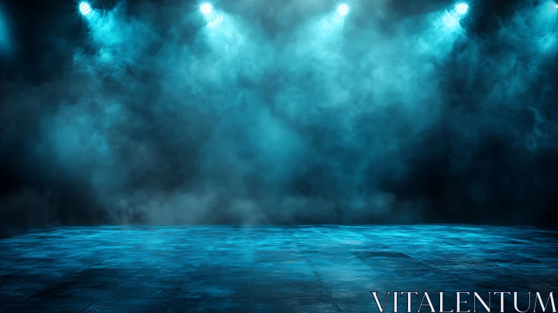 Blue haze stage waits beneath drifting theatrical lights.