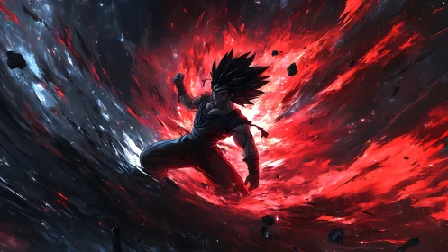 Energetic anime fighter in red-black cosmic vortex rupture.