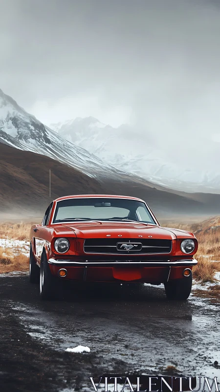 Vintage red Mustang confronts desaturated alpine landscape