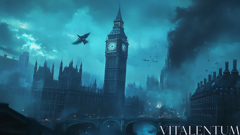 Storm-laden gothic clocktower dominates teal mist city