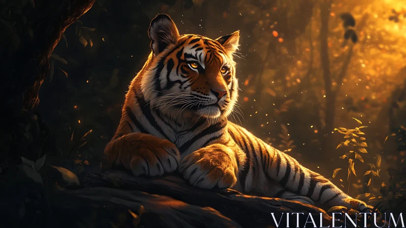 Sunlit jungle monarch resting in drifting ember glow.