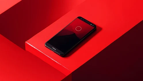 Smartphone lounges on red geometric stage, waiting to glow